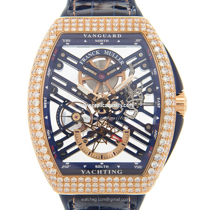 Franck Muller VANGUARD V 45 S6 SQT D YACHTING (5N.BL) Manual Wind 18kt Rose Gold & Diamonds Transparent Skull