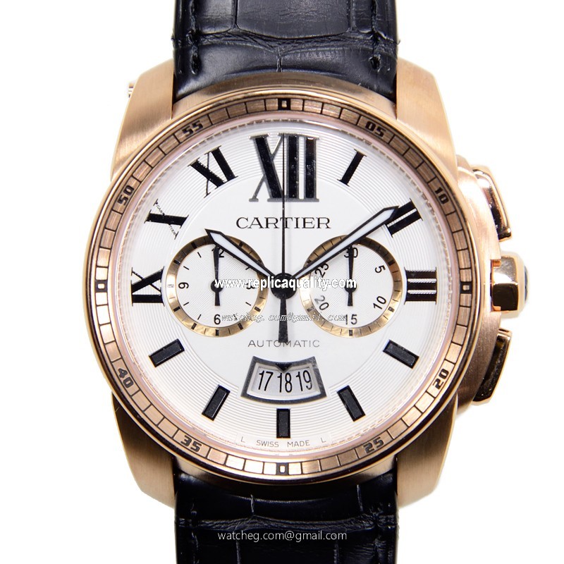 Cartier CALIBRE DE CARTIER W7100044 Automatic 18kt Rose Gold Silvery & White